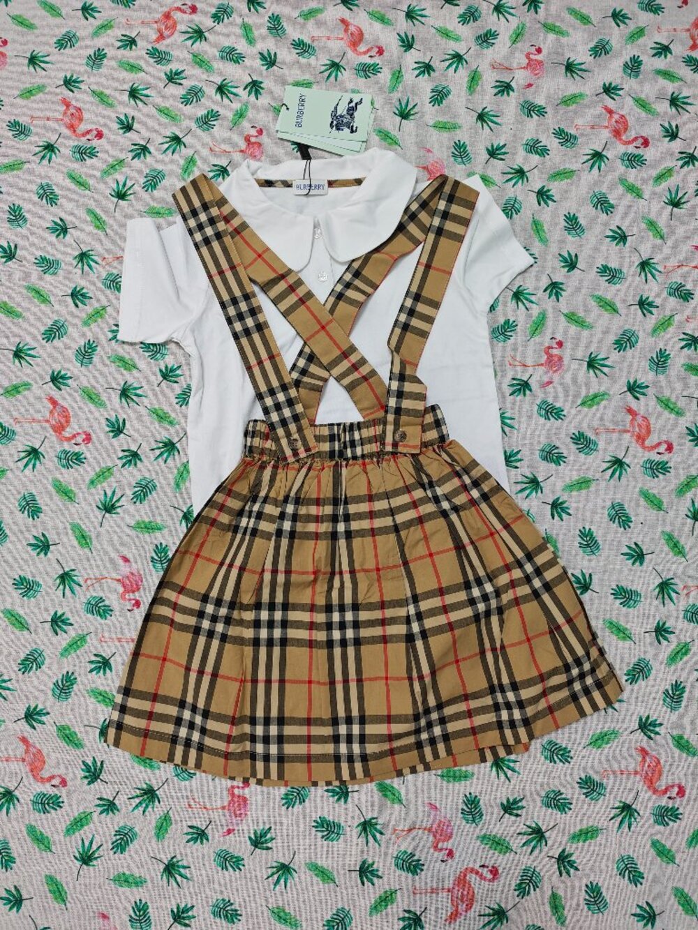 Girls' Vintage Check Suspender Skirt Set with Peter Pan Collar Shirt, 2-Piece